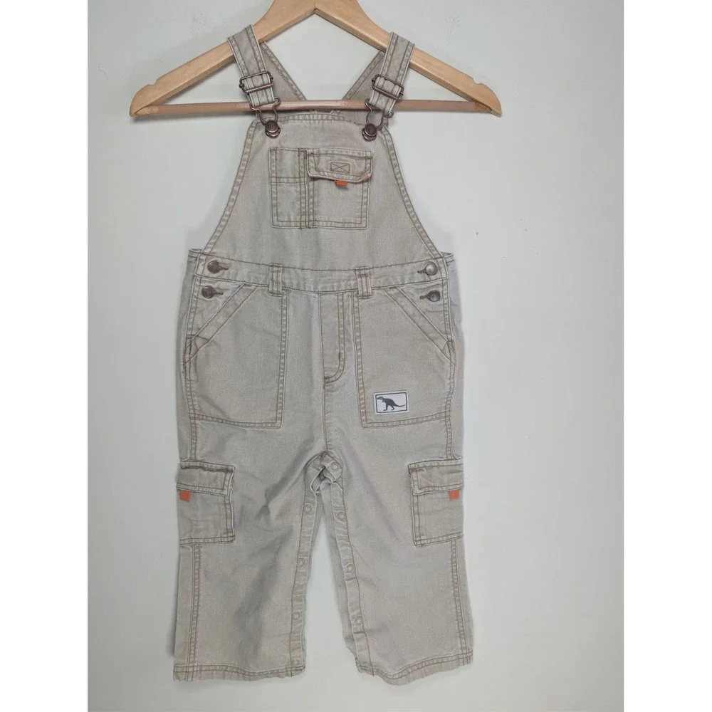 VTG Gymboree Khaki Tan Canvas Dinosaur Cargo Overalls Toddler Boys 3T Cotton Y2K